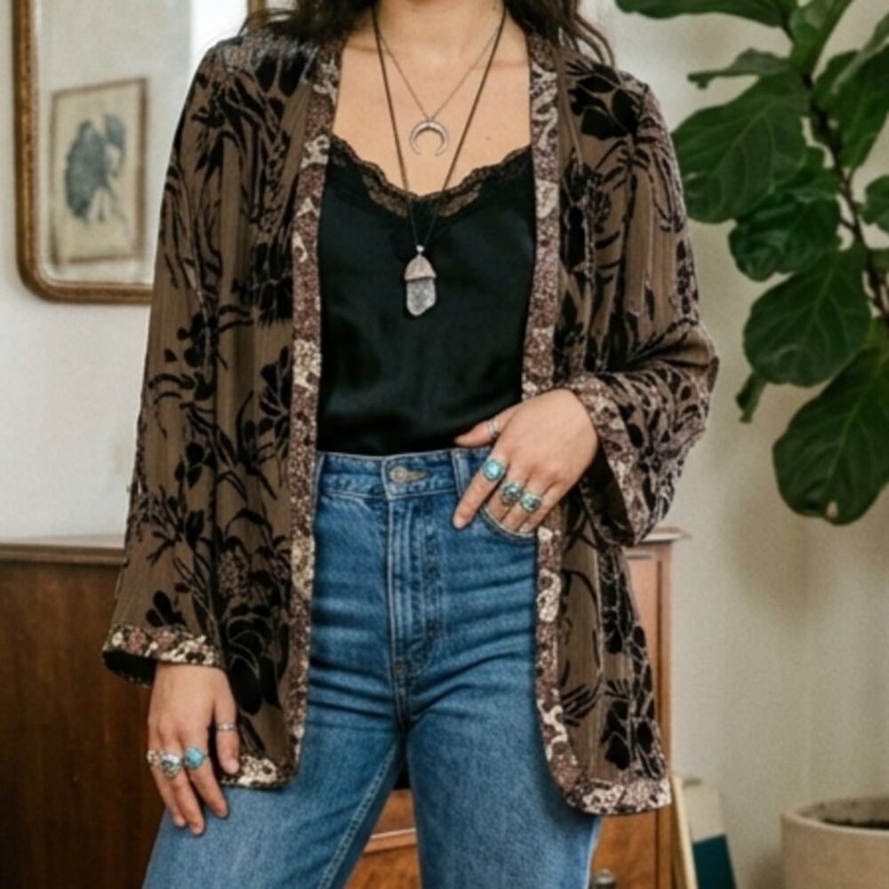 VTG Soft Surroundings Silk Burnout Velvet Kimono Jacket S Whimsigoth Devore Y2K